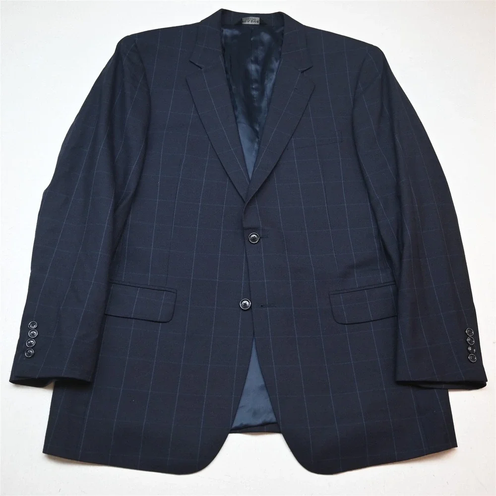Jos A Bank 43L 38x32 Navy Blue Windowpane 100% Wool Flannel Mens Suit